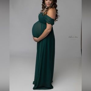 Forest Green Off Shoulder Chiffon Maxi Maternity Dress